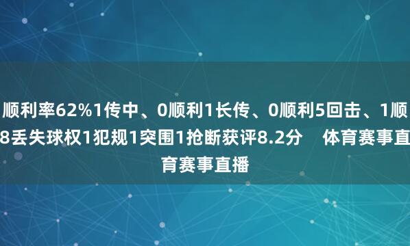 顺利率62%1传中、0顺利1长传、0顺利5回击、1顺利8丢失球权1犯规1突围1抢断获评8.2分    体育赛事直播