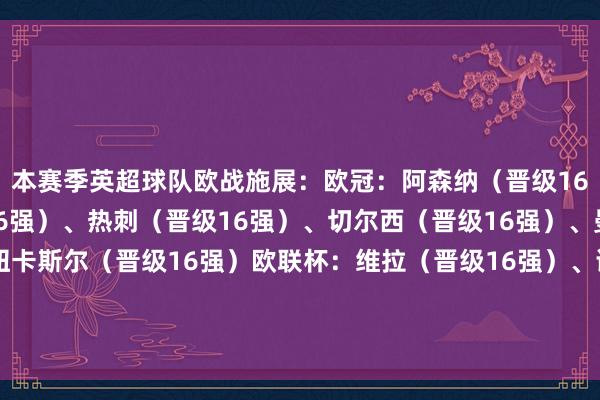 本赛季英超球队欧战施展：欧冠：阿森纳（晋级16强）、利物浦（晋级16强）、热刺（晋级16强）、切尔西（晋级16强）、曼城（晋级16强）、纽卡斯尔（晋级16强）欧联杯：维拉（晋级16强）、诺丁汉丛林（晋级16强）欧协联：水晶宫（晋级16强）    体育集锦